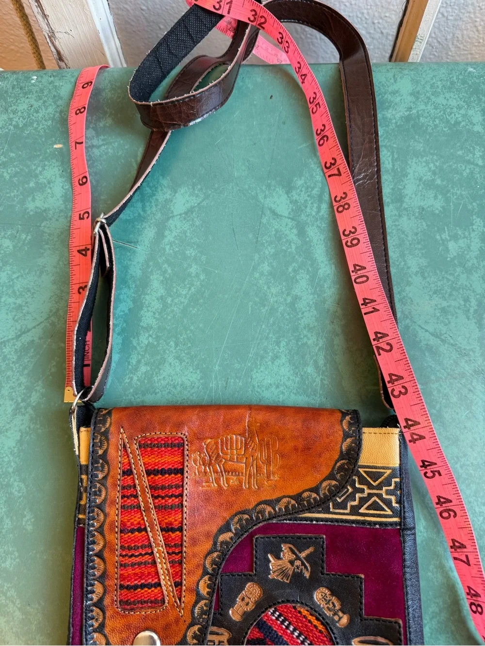 Southwestern Peruvian Leather & Suede Textile Crossbody in Burgundy & Tan